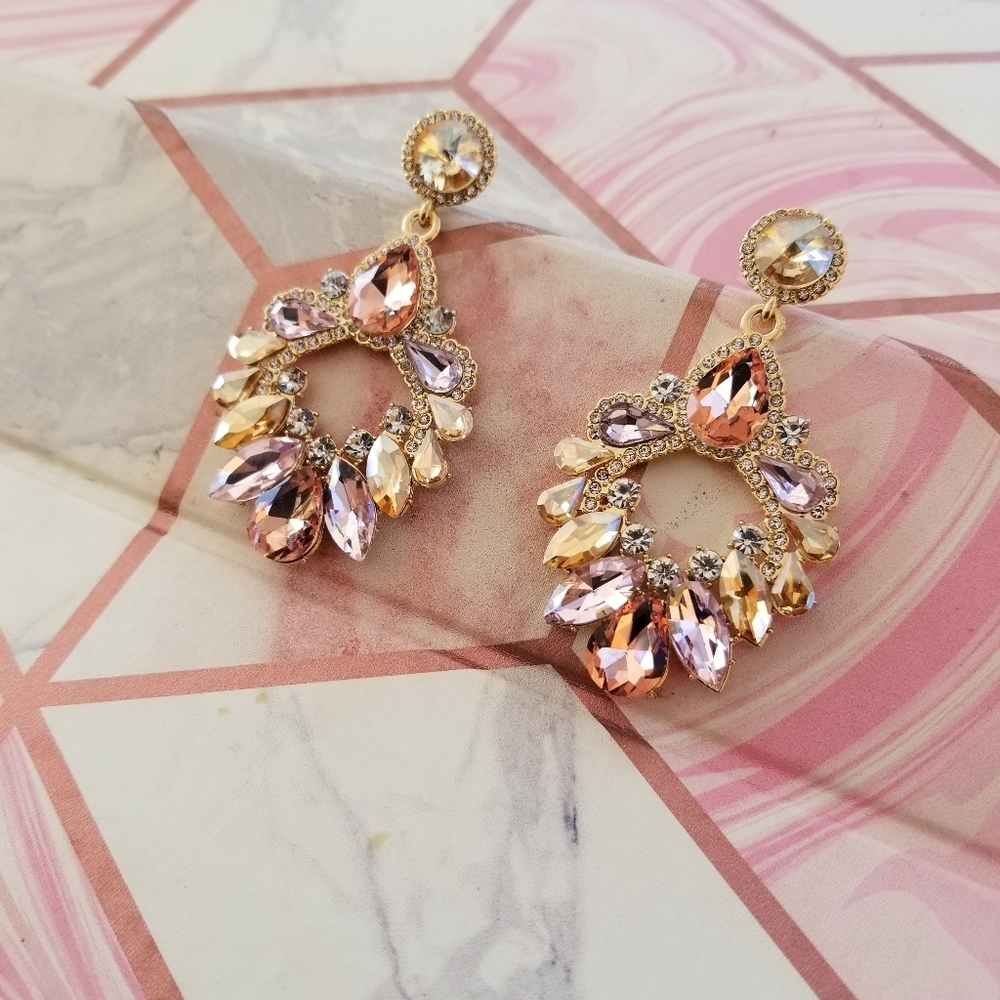Yellow and pink gemstones rhinestone earrings, custom jewelry - Picture 6 of 7